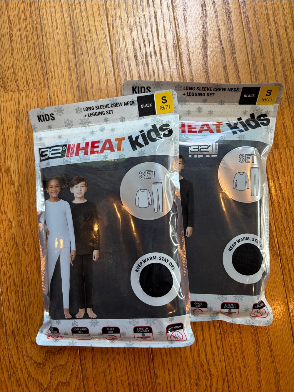 Two pair 32 Degrees Kids Black Long Sleeve Crew Neck & Legging Thermal Set